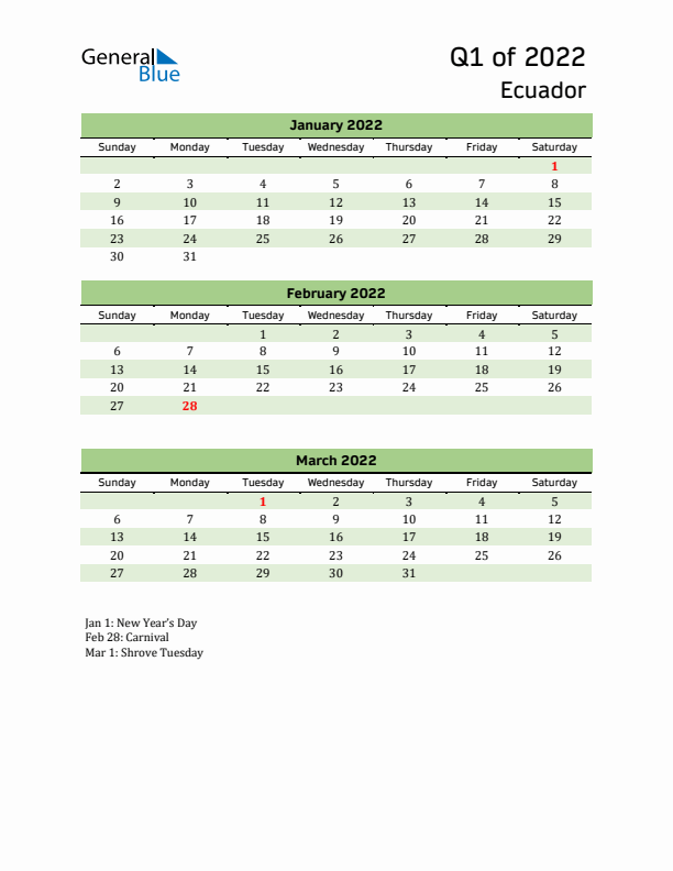 Quarterly Calendar 2022 with Ecuador Holidays