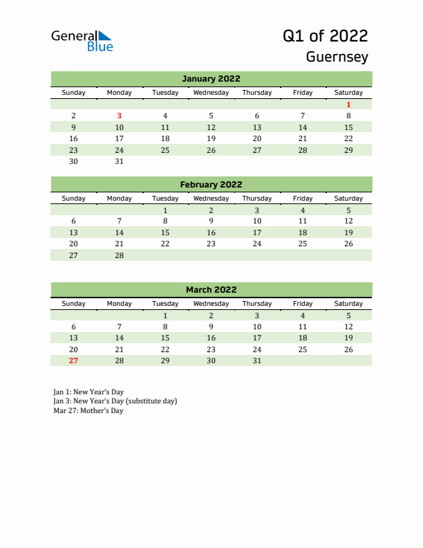 Quarterly Calendar 2022 with Guernsey Holidays