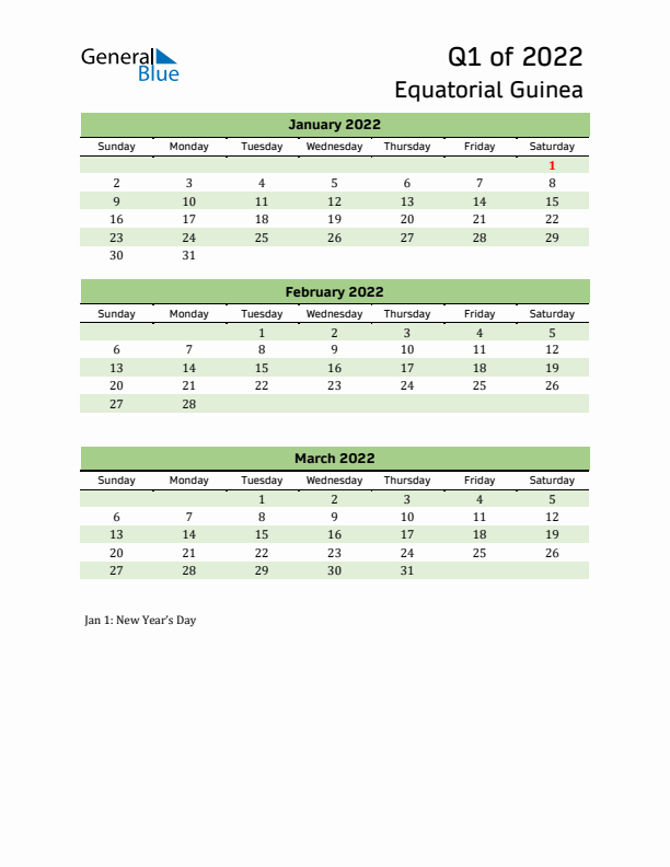 Quarterly Calendar 2022 with Equatorial Guinea Holidays