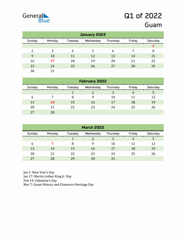 Quarterly Calendar 2022 with Guam Holidays