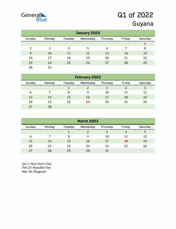 Quarterly Calendar 2022 with Guyana Holidays