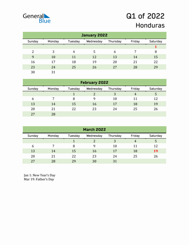 Quarterly Calendar 2022 with Honduras Holidays