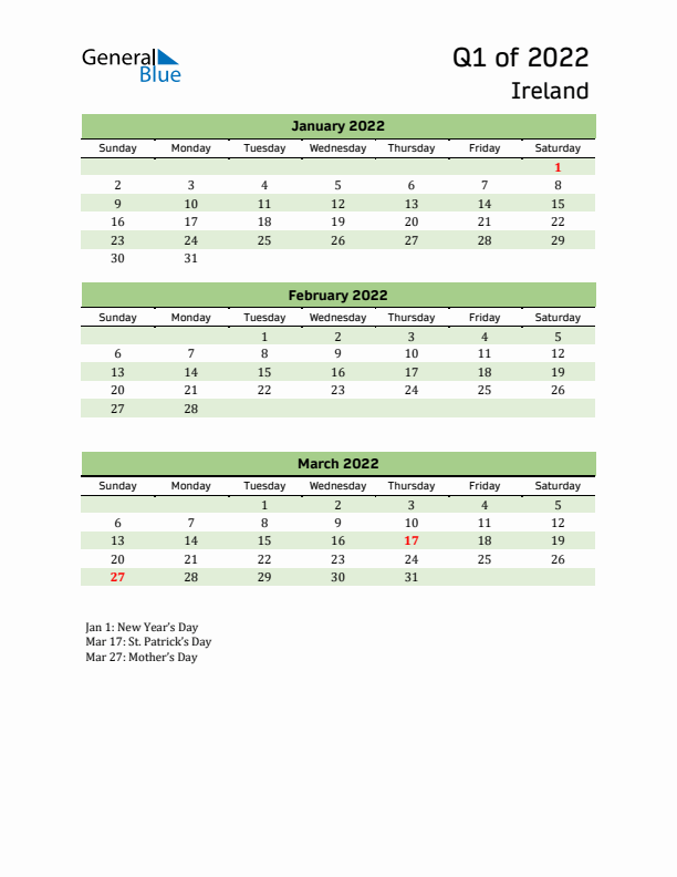 Quarterly Calendar 2022 with Ireland Holidays