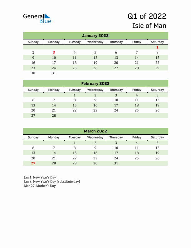 Quarterly Calendar 2022 with Isle of Man Holidays