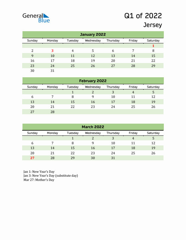 Quarterly Calendar 2022 with Jersey Holidays