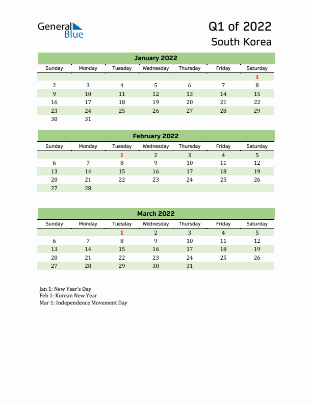 Quarterly Calendar 2022 with South Korea Holidays