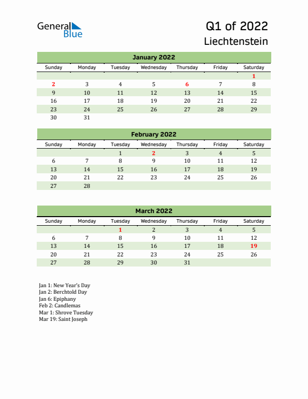 Quarterly Calendar 2022 with Liechtenstein Holidays