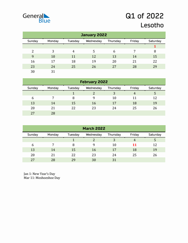 Quarterly Calendar 2022 with Lesotho Holidays