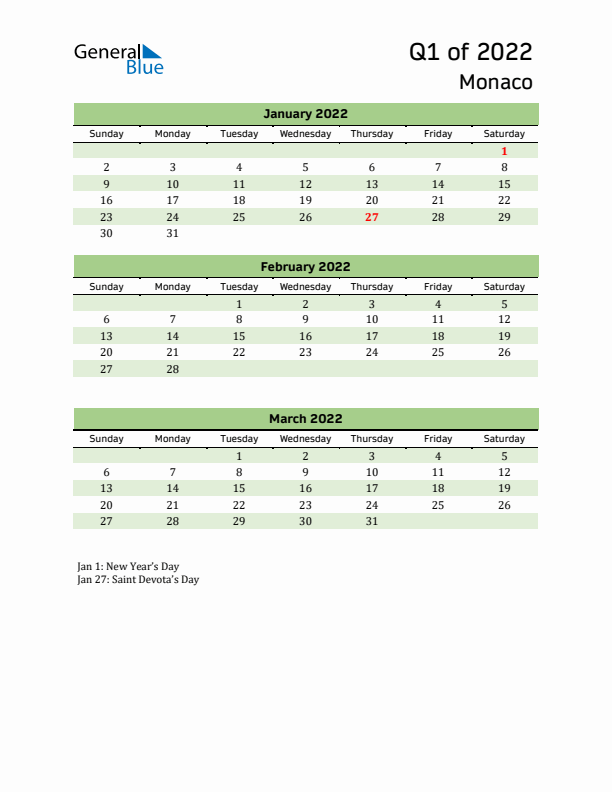 Quarterly Calendar 2022 with Monaco Holidays