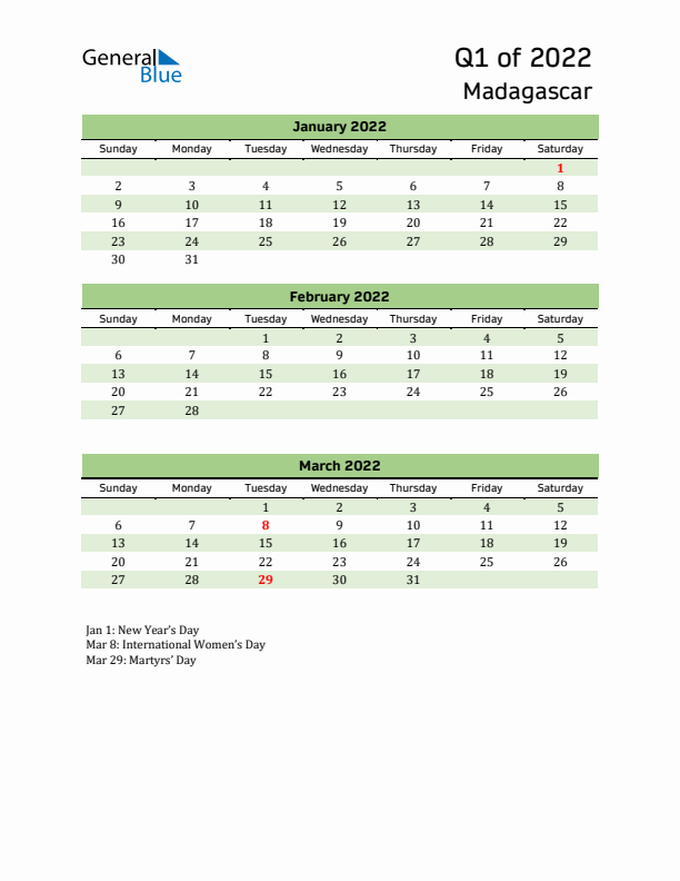 Quarterly Calendar 2022 with Madagascar Holidays