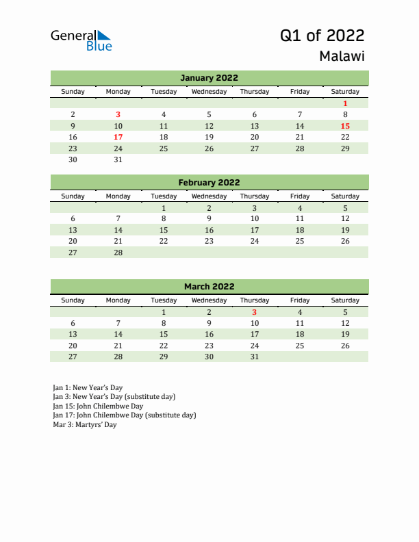 Quarterly Calendar 2022 with Malawi Holidays