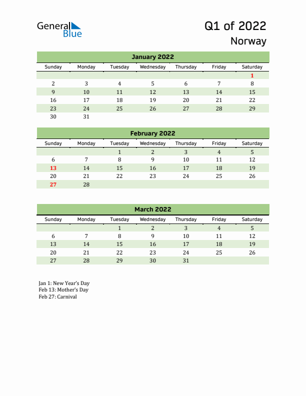 Quarterly Calendar 2022 with Norway Holidays