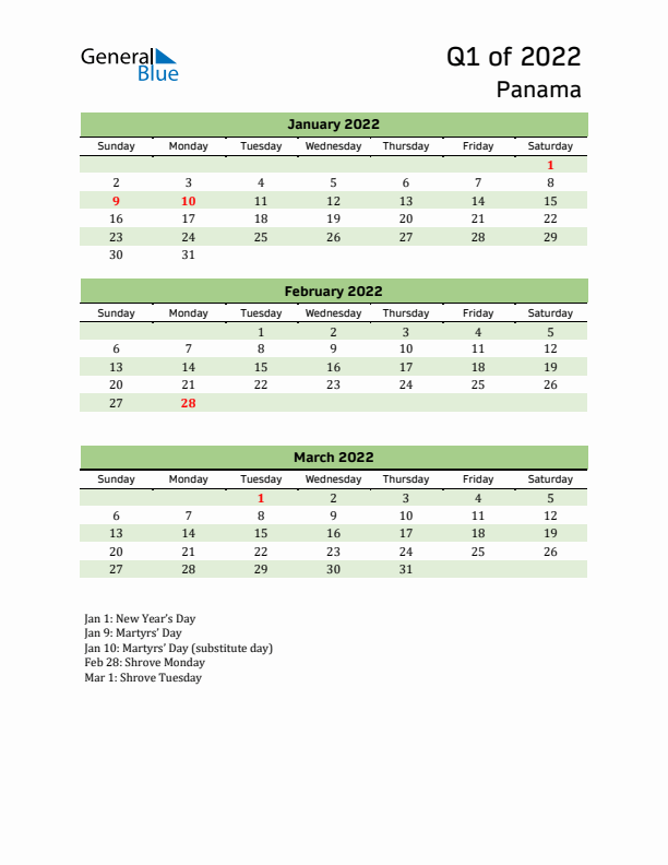 Quarterly Calendar 2022 with Panama Holidays