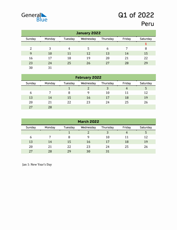 Quarterly Calendar 2022 with Peru Holidays