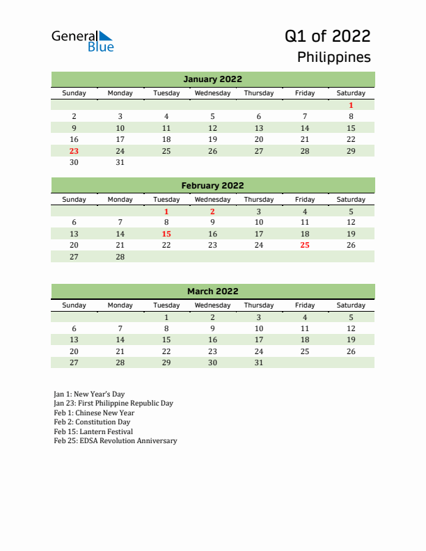 Quarterly Calendar 2022 with Philippines Holidays