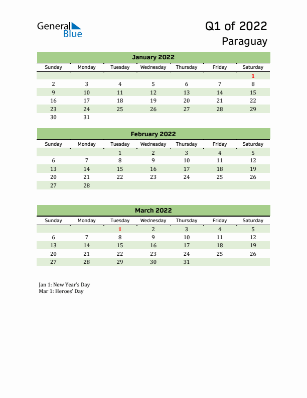 Quarterly Calendar 2022 with Paraguay Holidays