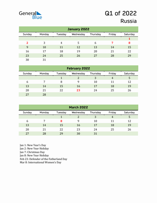 Quarterly Calendar 2022 with Russia Holidays