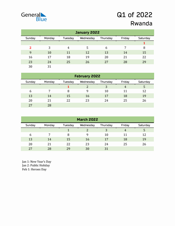 Quarterly Calendar 2022 with Rwanda Holidays