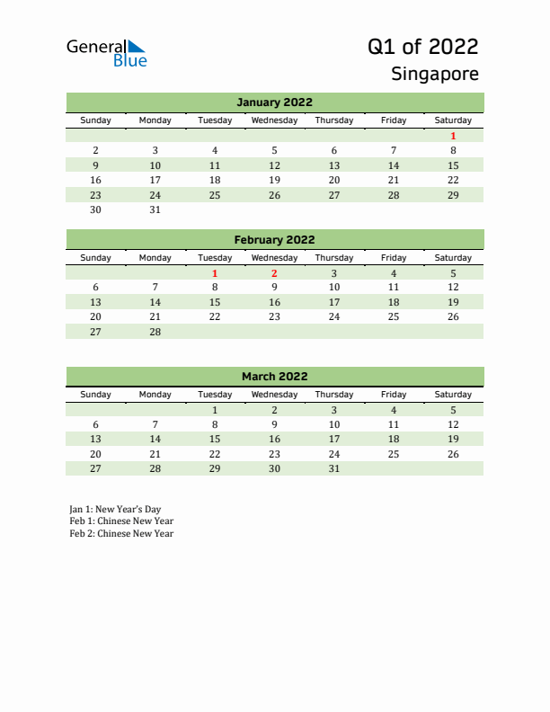 Quarterly Calendar 2022 with Singapore Holidays