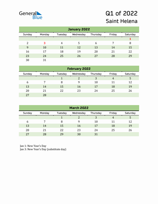 Quarterly Calendar 2022 with Saint Helena Holidays