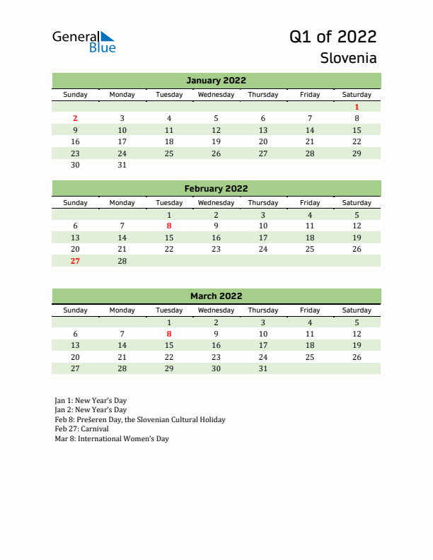 Quarterly Calendar 2022 with Slovenia Holidays