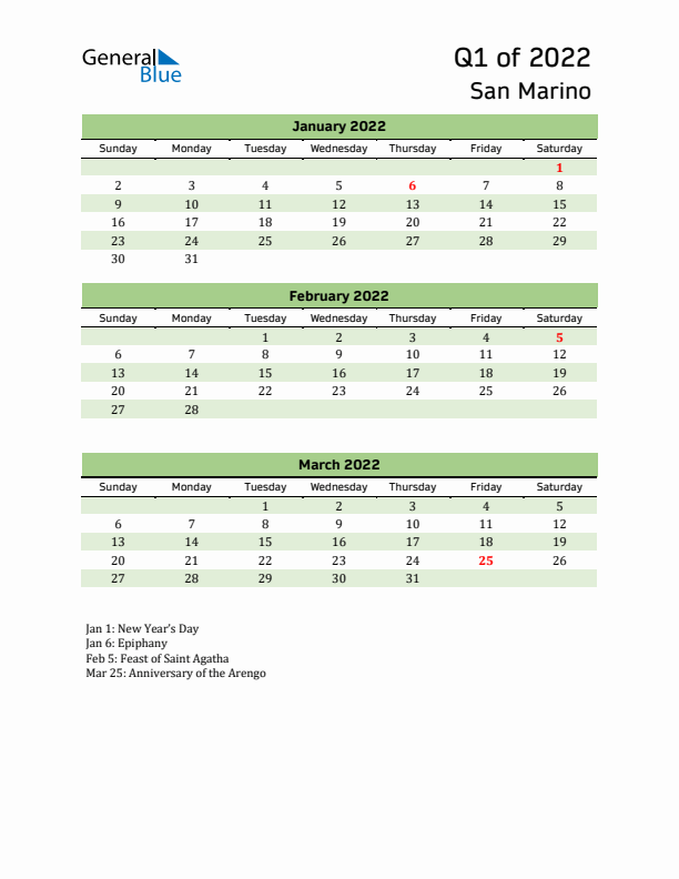 Quarterly Calendar 2022 with San Marino Holidays