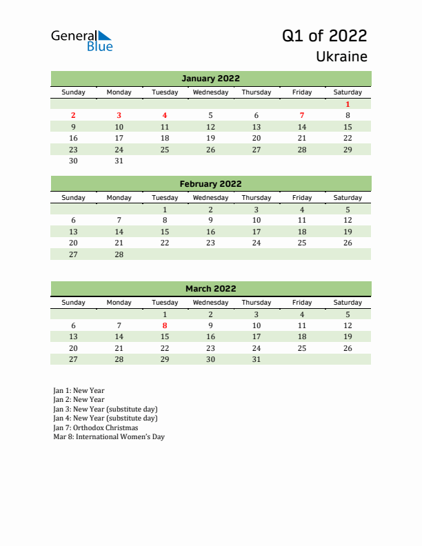 Quarterly Calendar 2022 with Ukraine Holidays