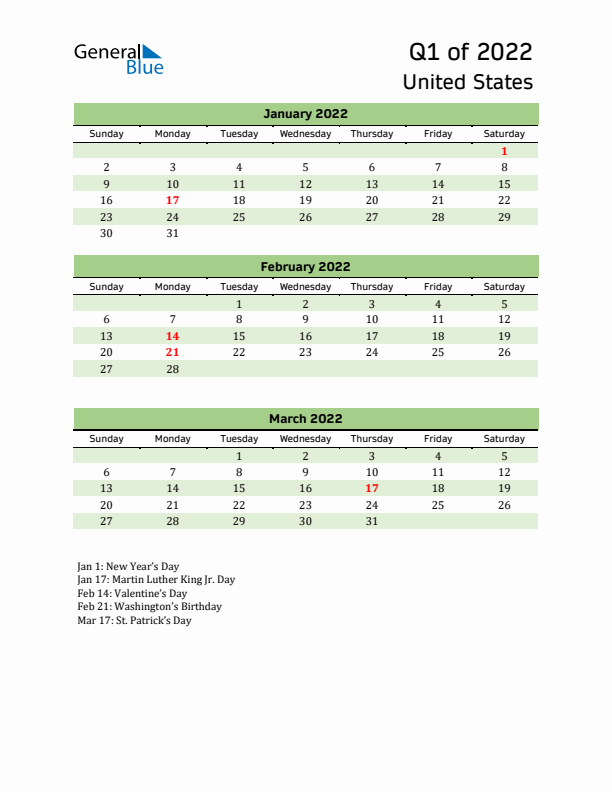 Quarterly Calendar 2022 with United States Holidays