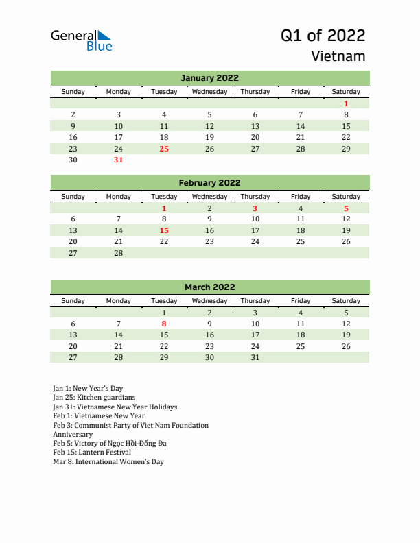 Quarterly Calendar 2022 with Vietnam Holidays