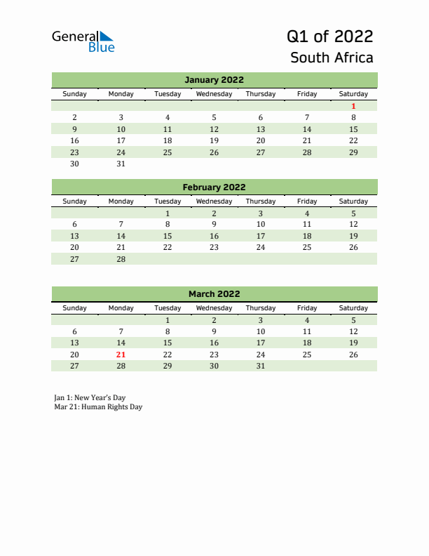 Quarterly Calendar 2022 with South Africa Holidays