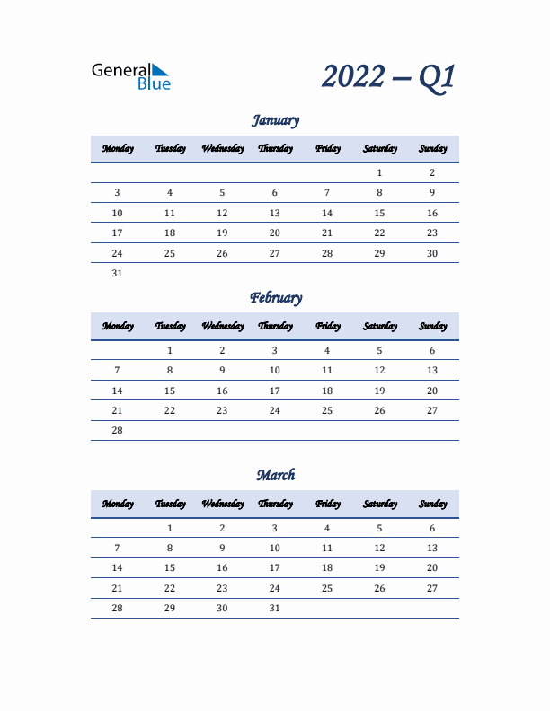 Monday Start 2022 Quarterly Calendar