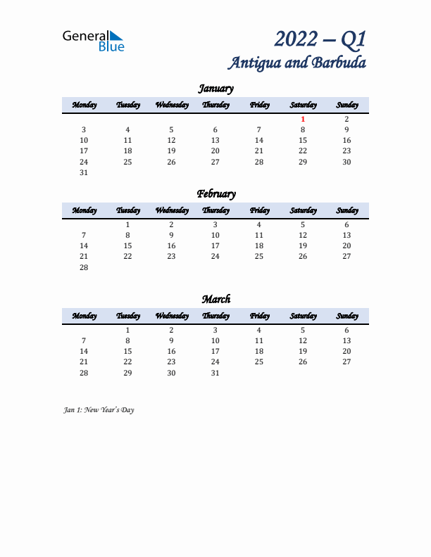 January, February, and March Calendar for Antigua and Barbuda with Monday Start