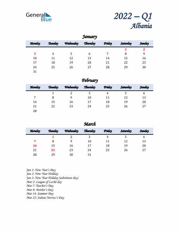 January, February, and March Calendar for Albania with Monday Start