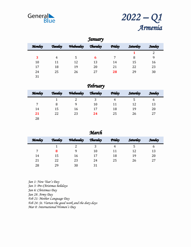 January, February, and March Calendar for Armenia with Monday Start