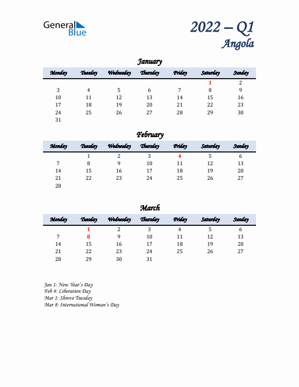 January, February, and March Calendar for Angola with Monday Start