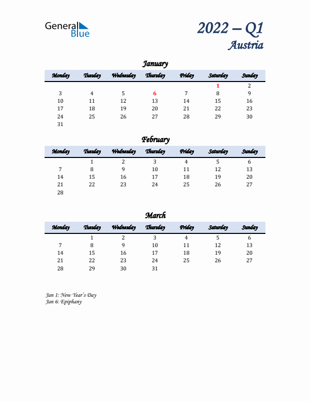 January, February, and March Calendar for Austria with Monday Start