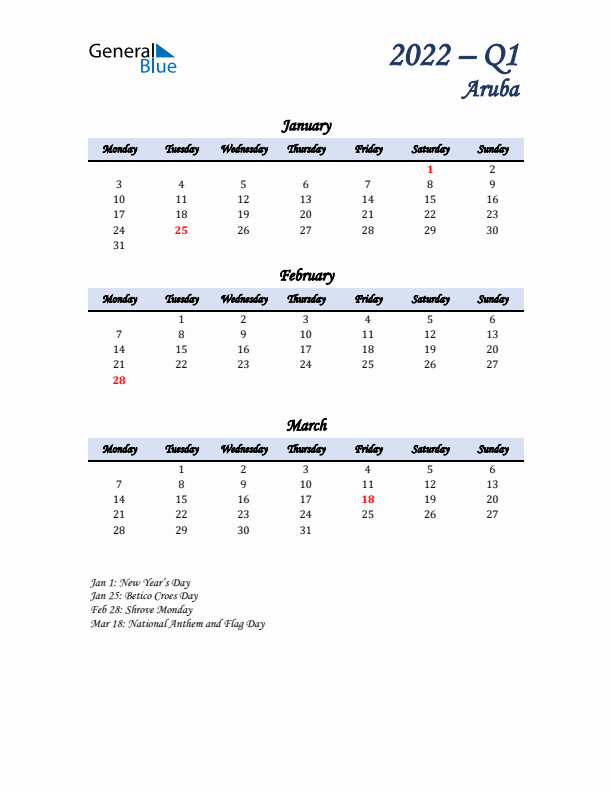 January, February, and March Calendar for Aruba with Monday Start