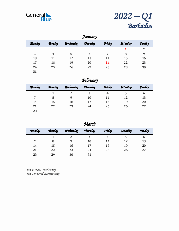 January, February, and March Calendar for Barbados with Monday Start