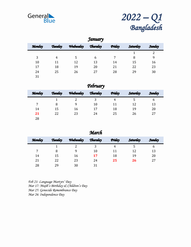 January, February, and March Calendar for Bangladesh with Monday Start