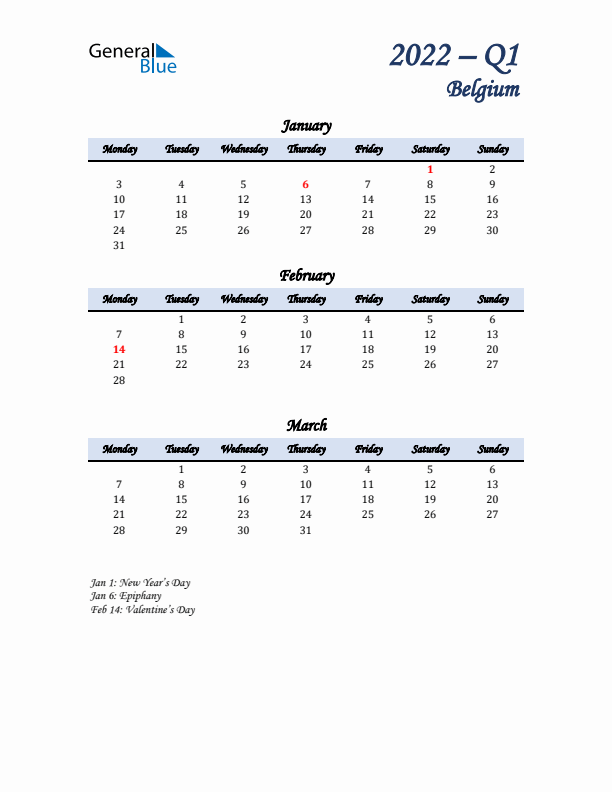 January, February, and March Calendar for Belgium with Monday Start