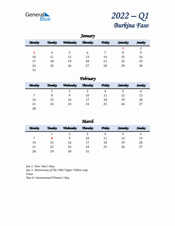 January, February, and March Calendar for Burkina Faso with Monday Start