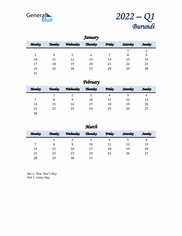 January, February, and March Calendar for Burundi with Monday Start