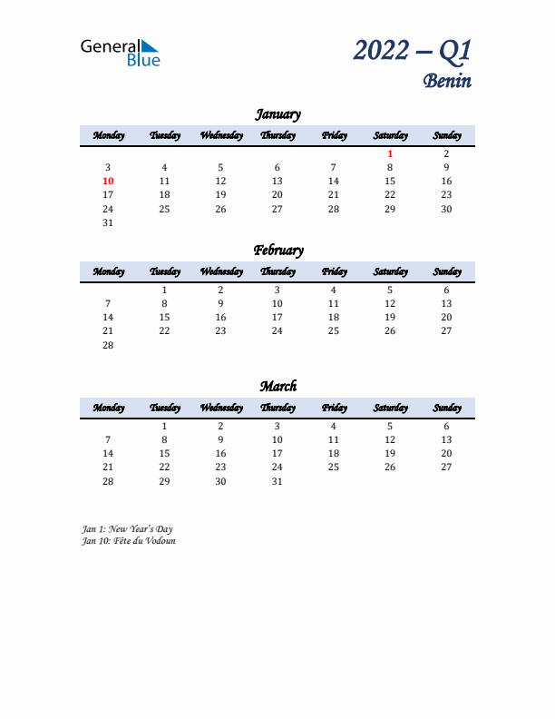 January, February, and March Calendar for Benin with Monday Start