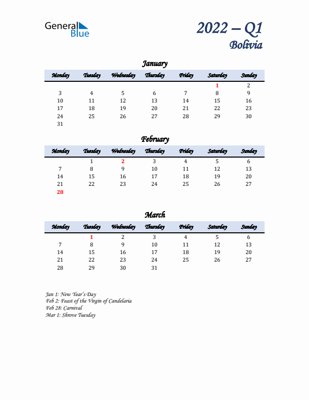 January, February, and March Calendar for Bolivia with Monday Start