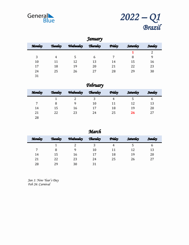 January, February, and March Calendar for Brazil with Monday Start