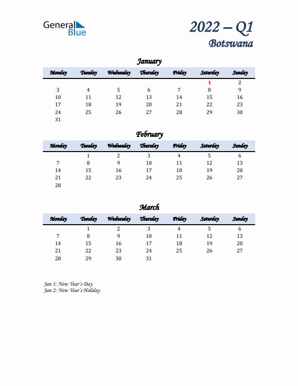 January, February, and March Calendar for Botswana with Monday Start