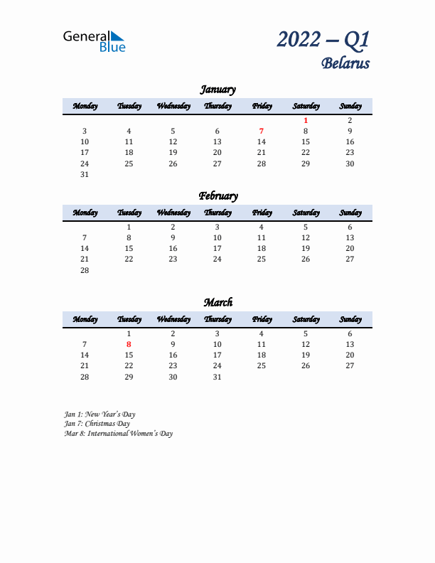 January, February, and March Calendar for Belarus with Monday Start