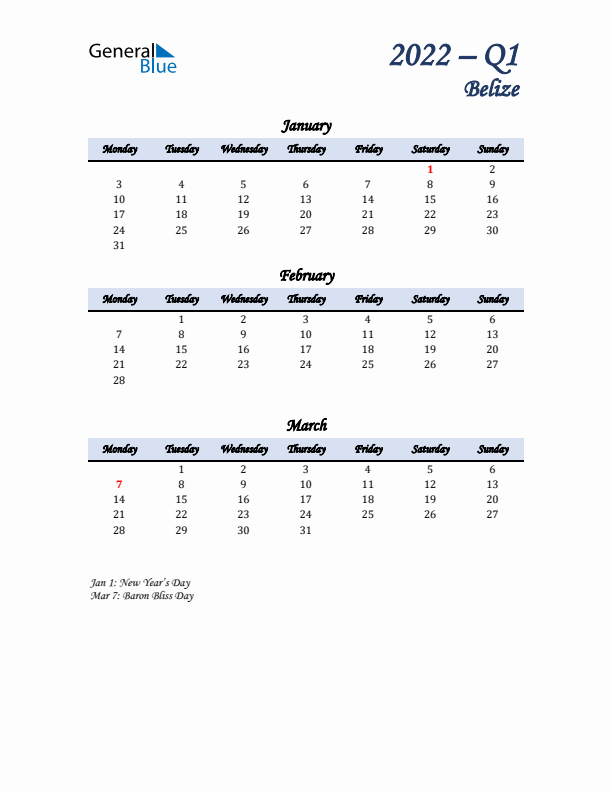 January, February, and March Calendar for Belize with Monday Start