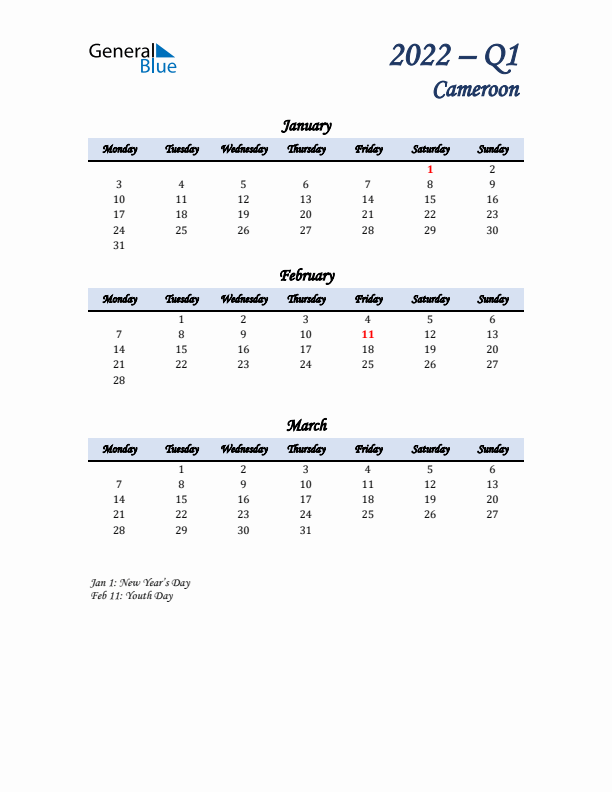 January, February, and March Calendar for Cameroon with Monday Start