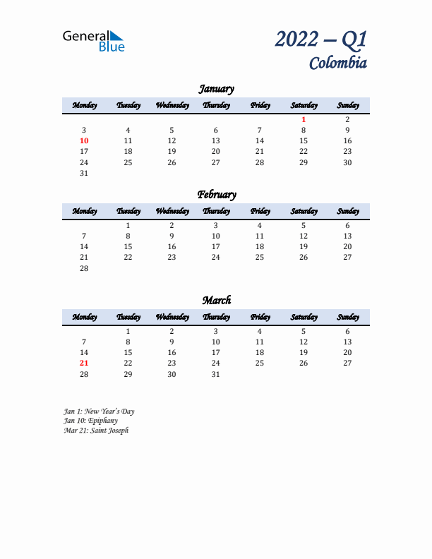 January, February, and March Calendar for Colombia with Monday Start